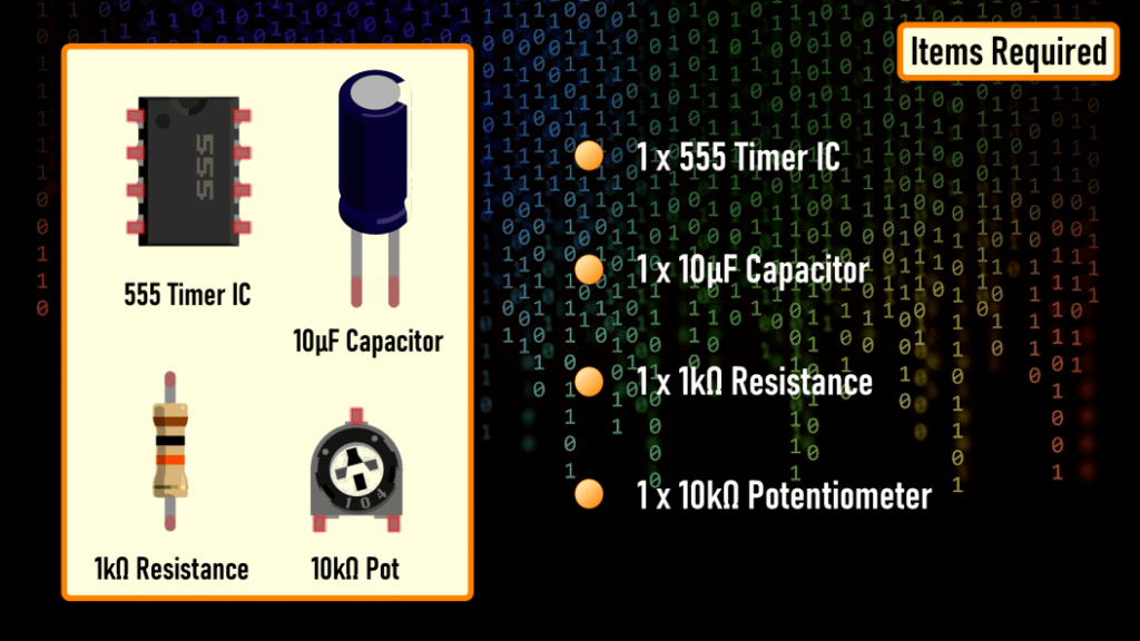 قطعات مورد نیاز برای ساخت مدار ماژول مولد پالس NE555 که شامل آی سی 555، 10 میکرو فاراد، مقاومت یک کیلو اهم، پتانسیومتر 10 کیلو اهم می‌شود.